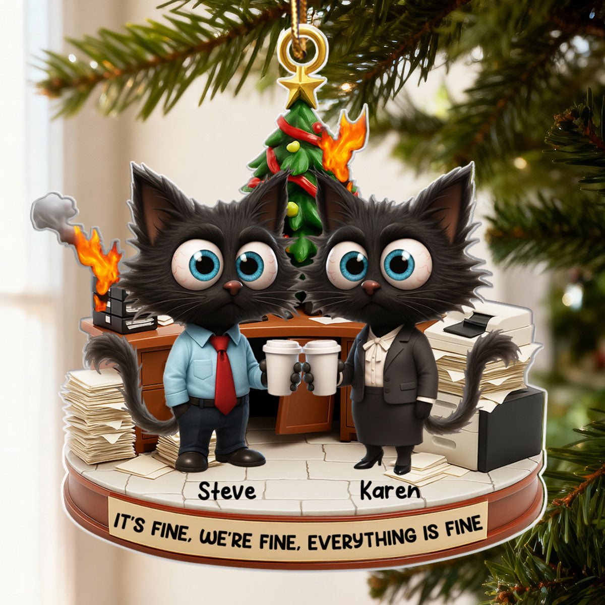 Office Chaos It's Fine We're Fine Funny Cat - Personalized Acrylic Ornament - Christmas Gift for Coworkers, White Elephant, Secret Santa Gift