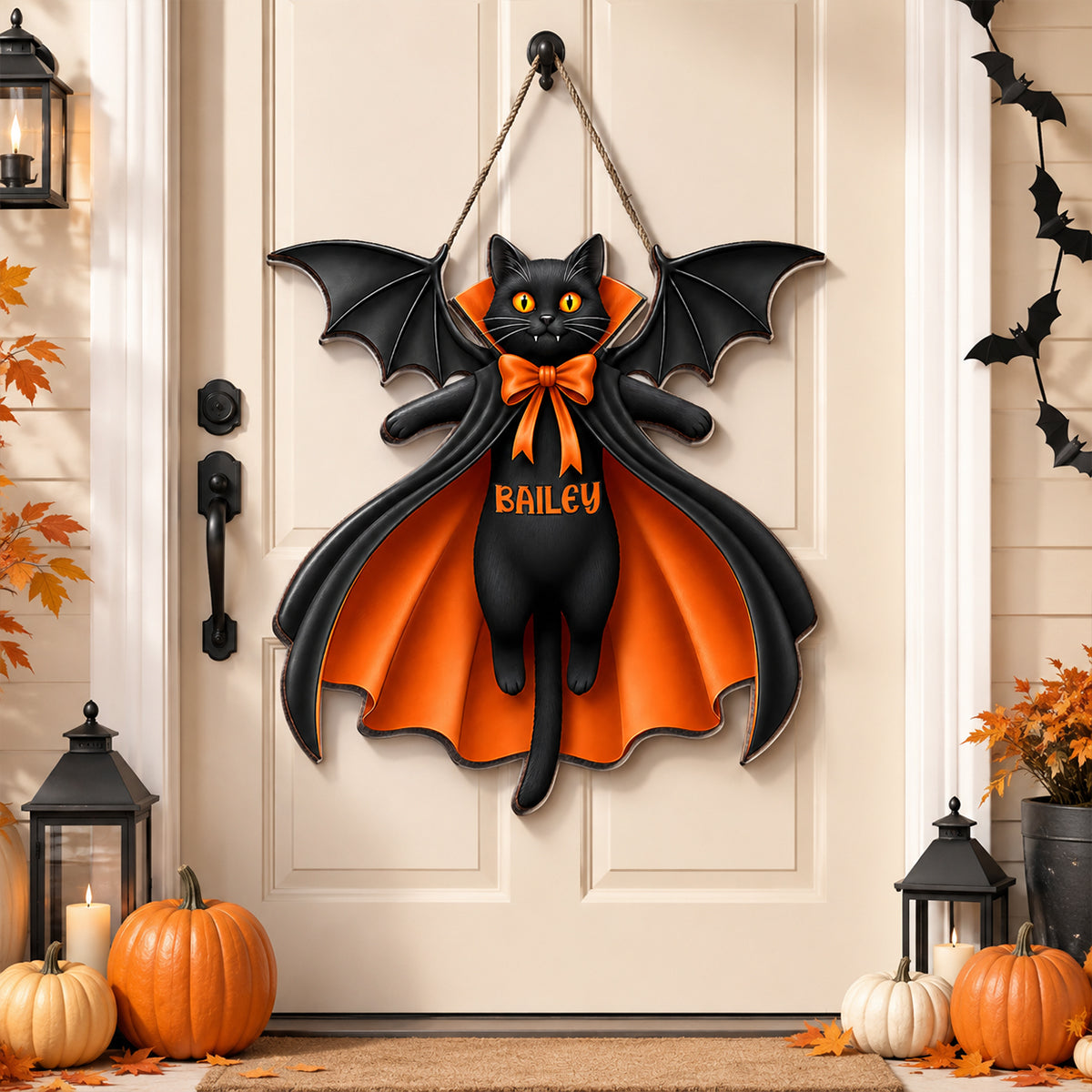 Halloween Cat Vampire - Personalized Wooden Door Sign - Summerween Decor for Cat Lovers