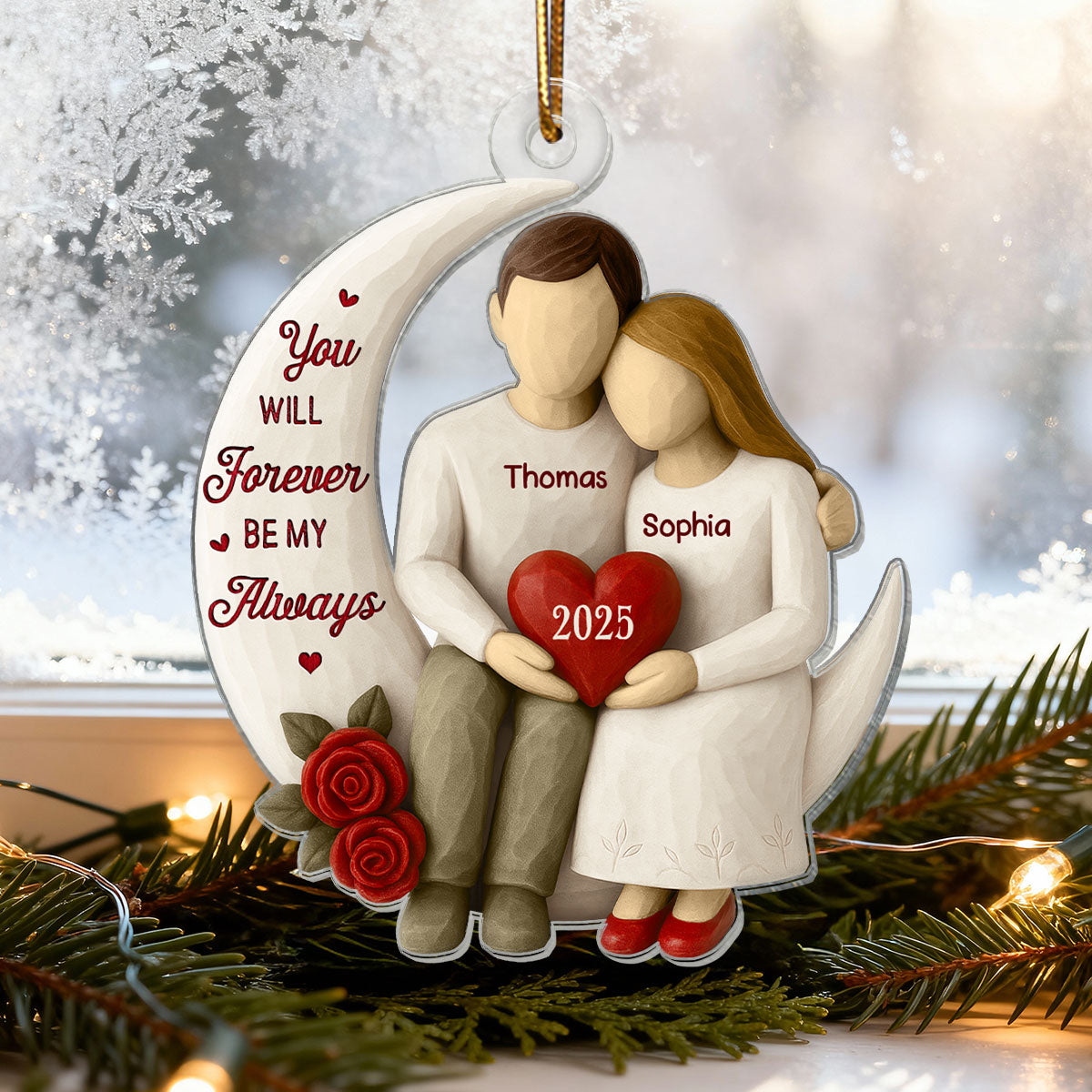 3D Effect Roses Wooden Texture Couple On Moon - Personalized Acrylic Ornament - Christmas Gift For Couple