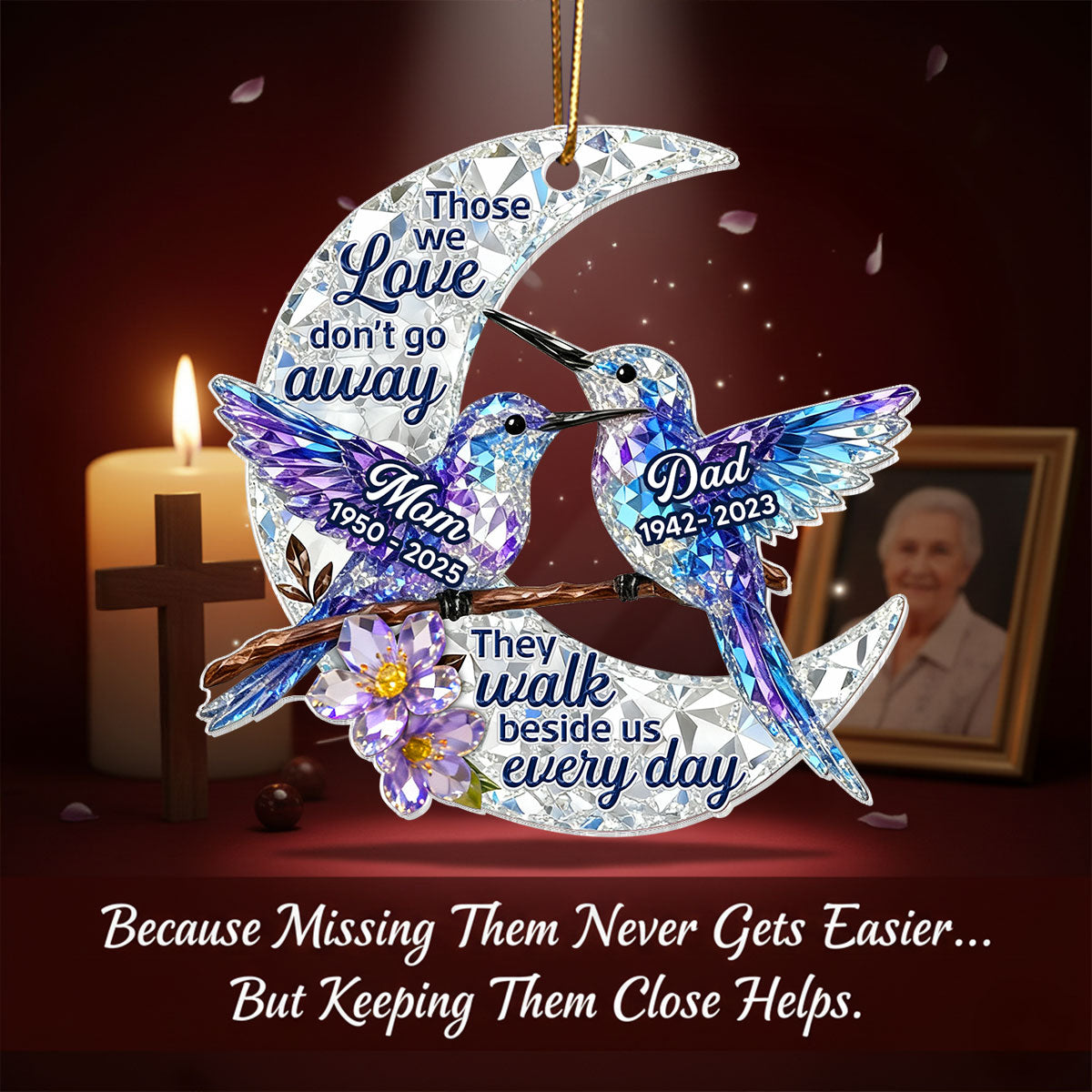3D Effect Flat Christmas Hummingbird Moon Memorial - Personalized Acrylic Ornament - Remembrance Gift, Sympathy Gift