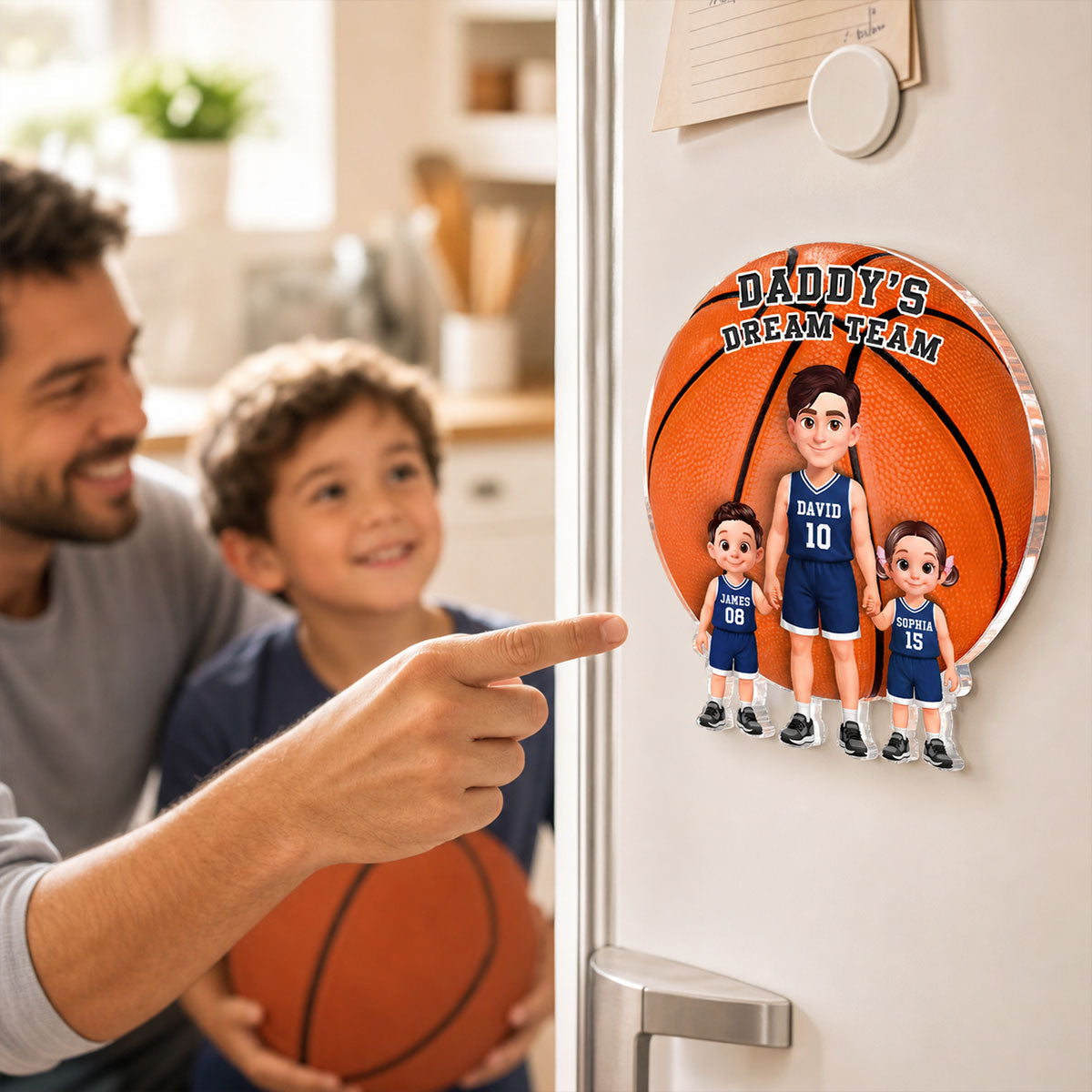 Basketball Dad And Kids Daddy's Dream Team - Personalized Acrylic Fridge Magnet - Father's Day Gift For Dad, Husband