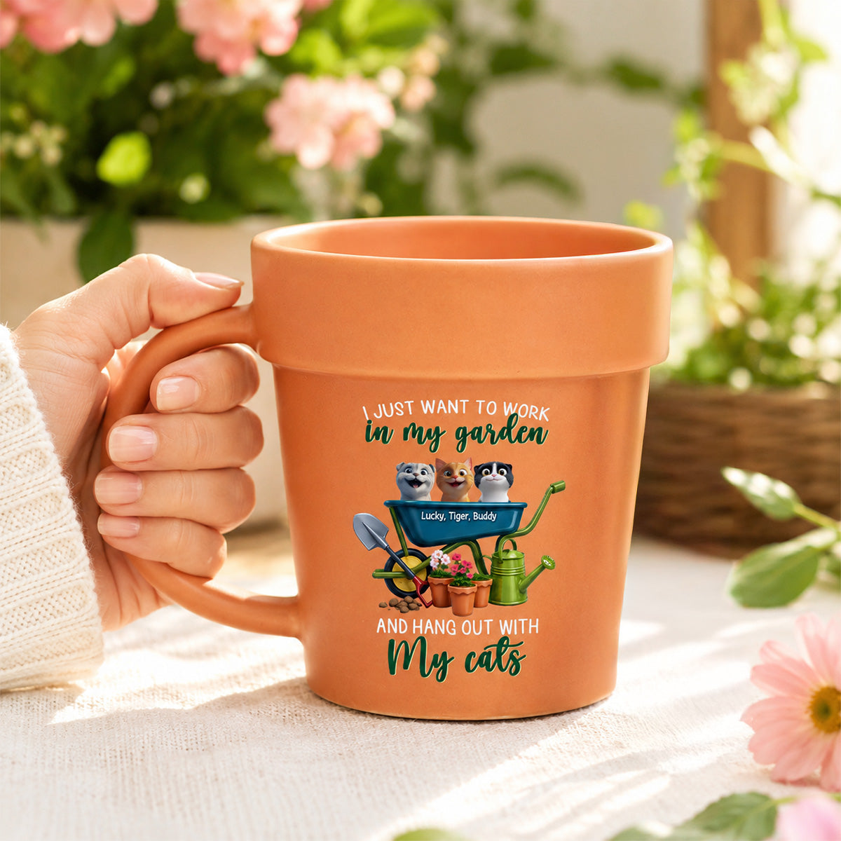 Just Want To Work In My Garden With My Cats - Personalized Plant Pot Ceramic Mug - Gift For Gardening Lovers