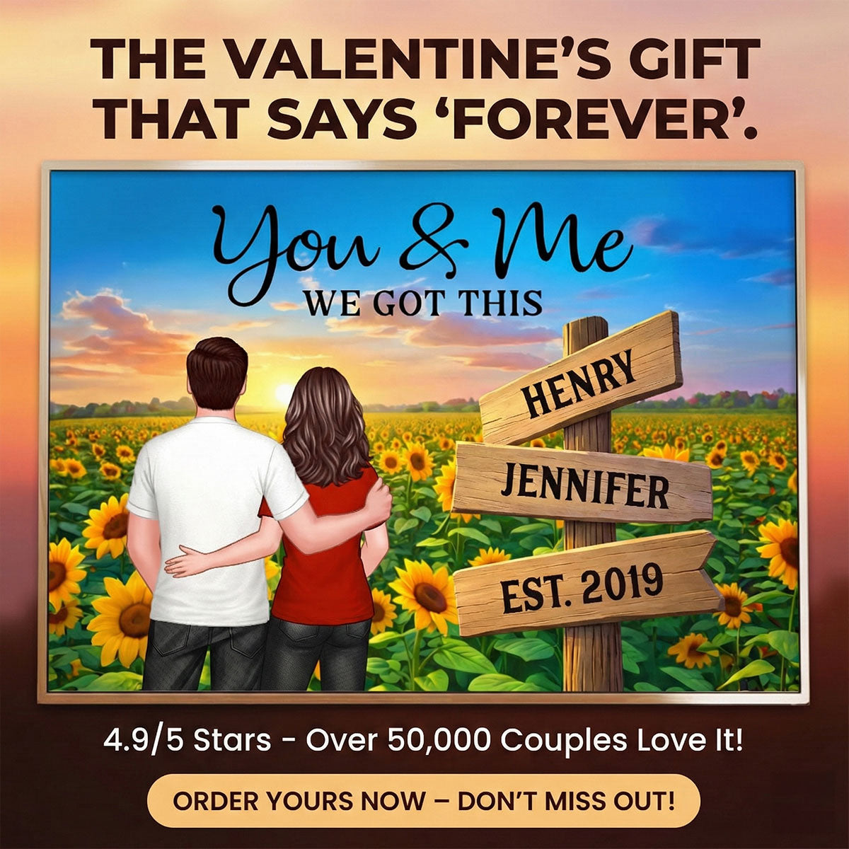Everlasting Love Back View Couple Sunflower Field Sign Posts - Personalized Poster - Valentine's Day Gift For Couple