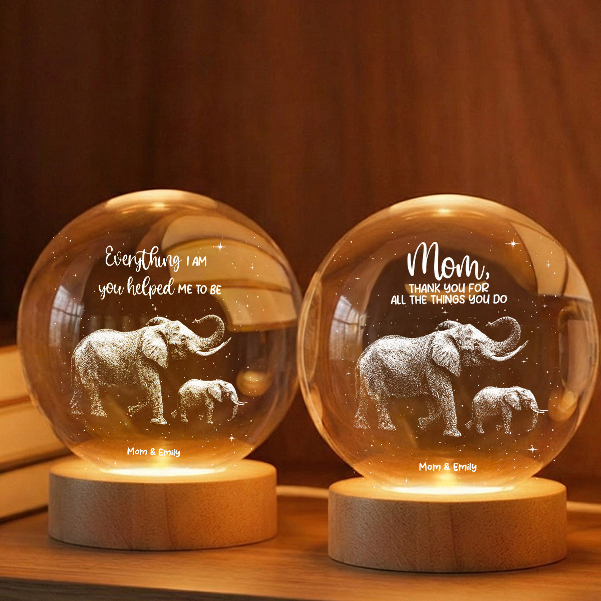 Everything I Am You Helped Me To Be Elephant - Personalized Crystal Ball LED Night Light - Birthday, Mother's Day Gift For Mom
