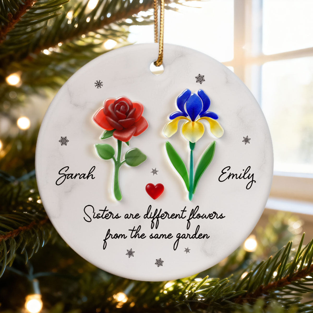 Sisters Are Different Flowers from the Same Garden, 3D Effect Sea Glass - Personalized Ceramic Ornament with Acrylic