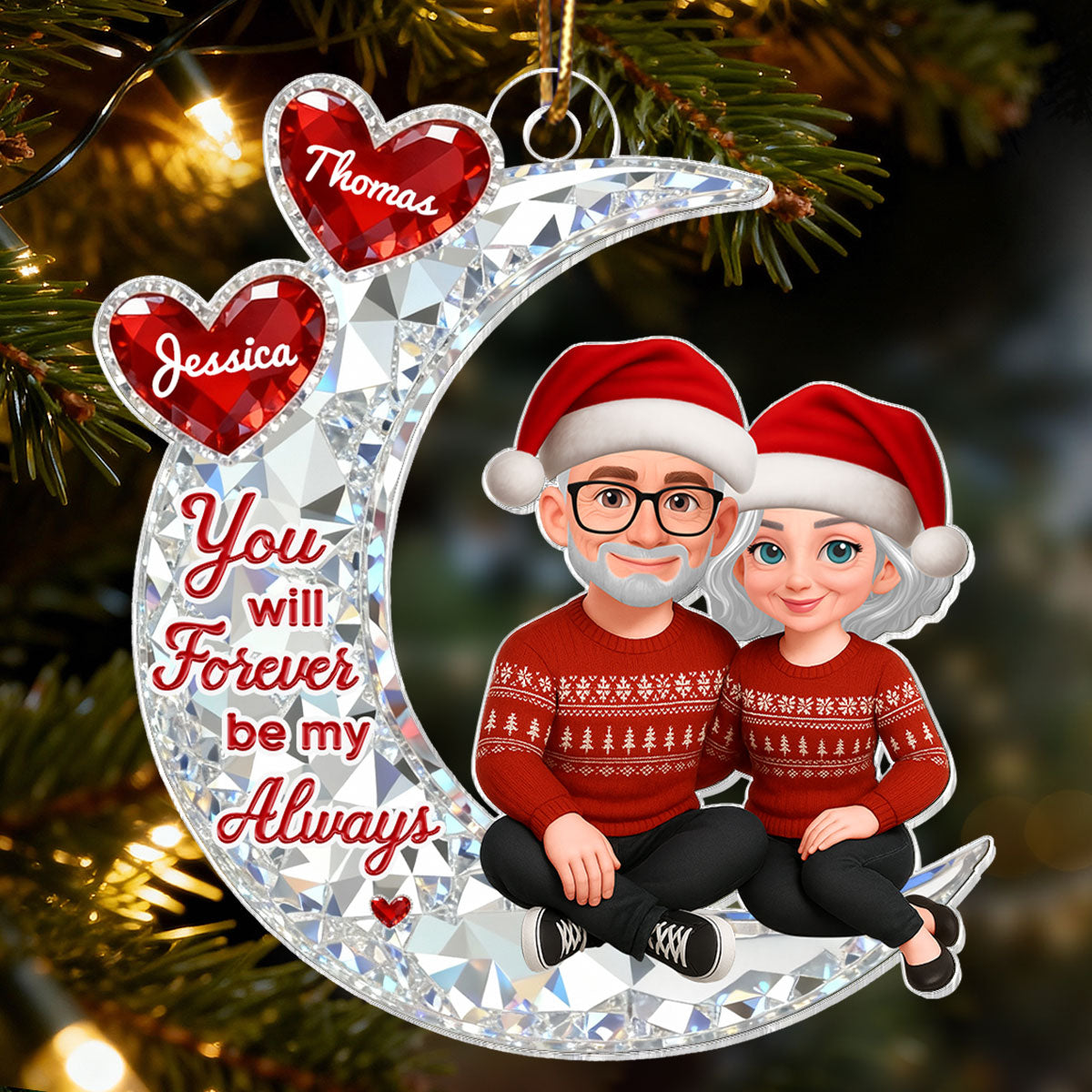 3D Effect Flat Couple Sitting On Moon - Personalized Acrylic Ornament - Heartfelt Gift For Couple, Gift For Him, For Her