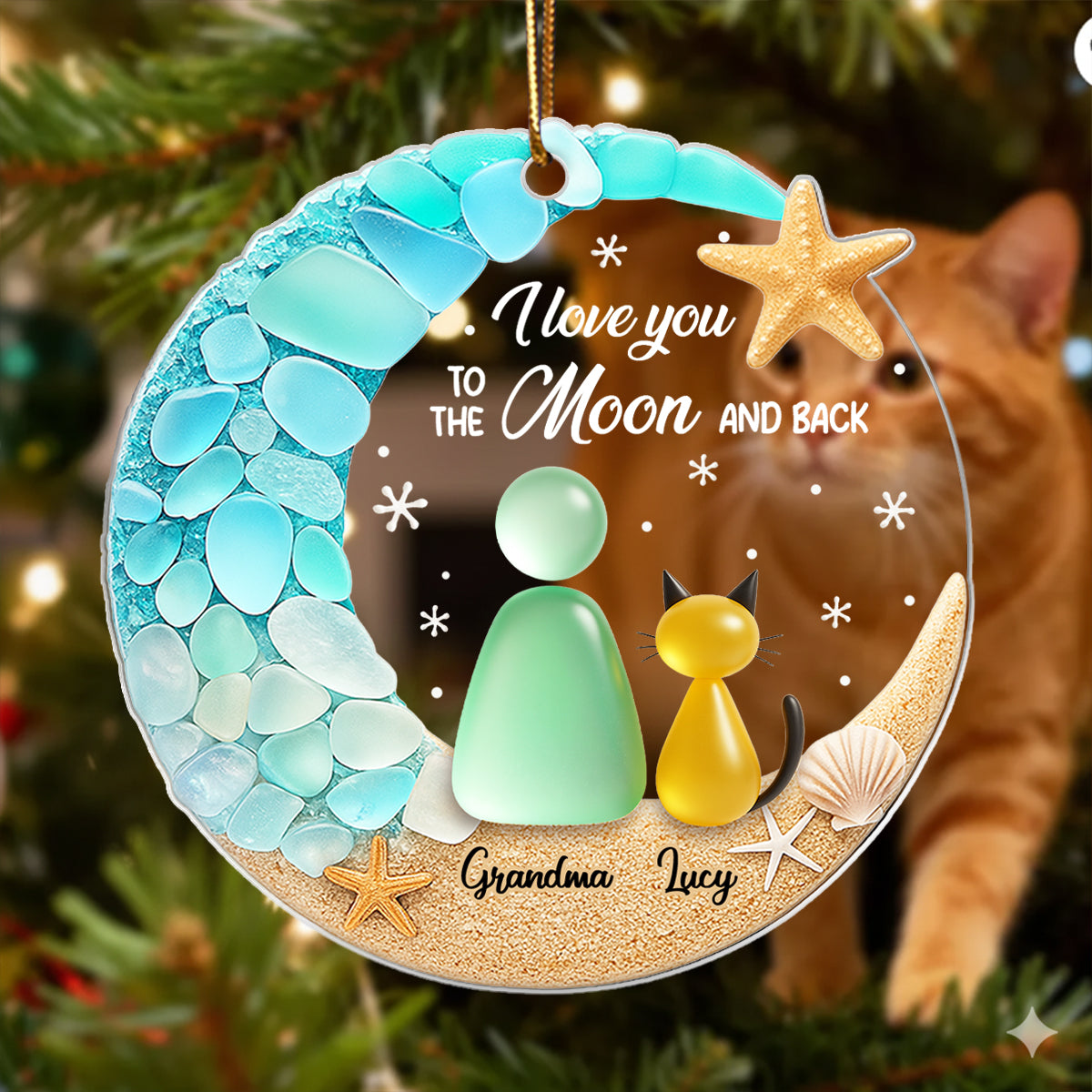 Cat And Owner On The Moon Sea Glass - Personalized Acrylic Ornament - Christmas Gift For Cat Lovers