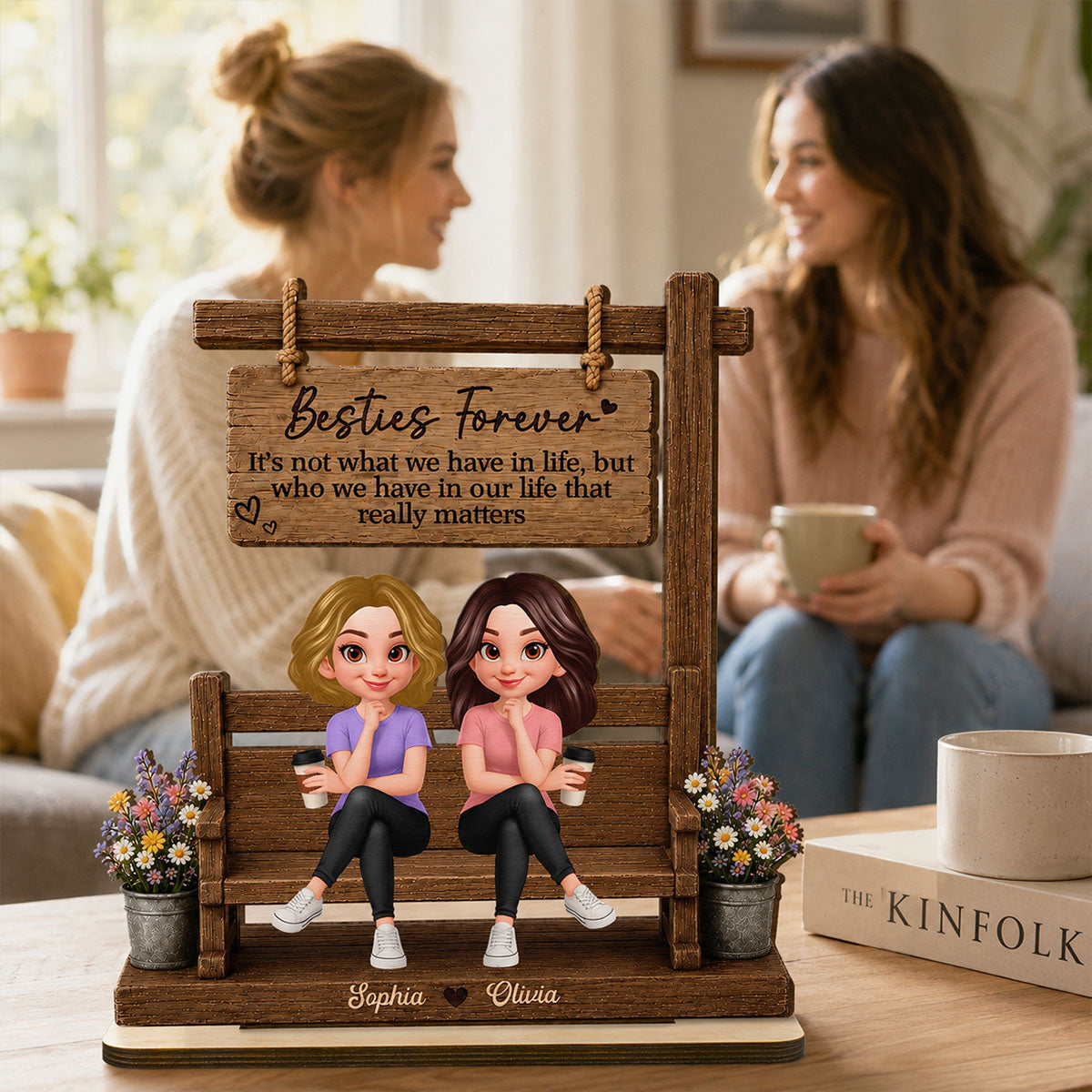Besties Sitting Under Sign Post 2D Flat - Personalized Wooden Plaque - Friendship Keepsake