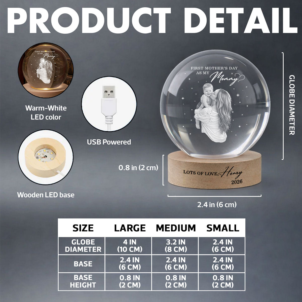 First Mother's Day As My Mommy - Personalized Crystal Ball LED Night Light - Heartfelt Mother's Day Gift for New Mom, Wife
