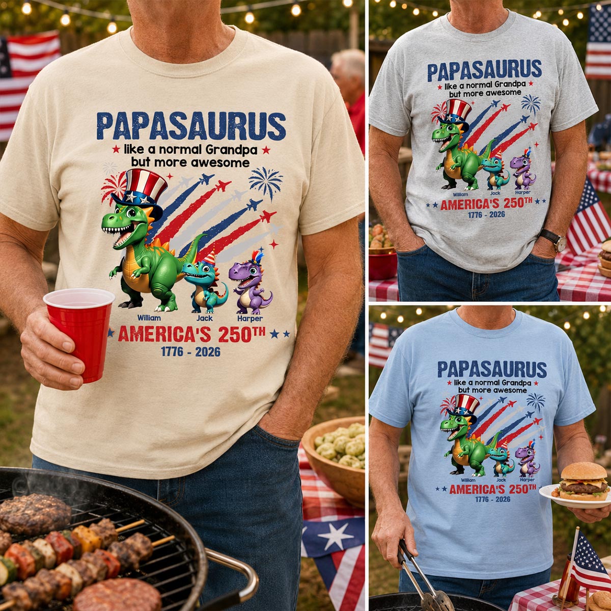 Grandpasaurus And Kids Patriotic Dinosaurs - Personalized Shirt - America's 250th Anniversary Keepsake