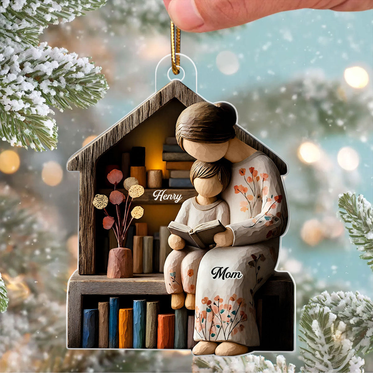 Mom And Daughter Son Reading Book Faux Wood - Personalized Acrylic Ornament - Heartwarming Christmas Gift For Mom, Family