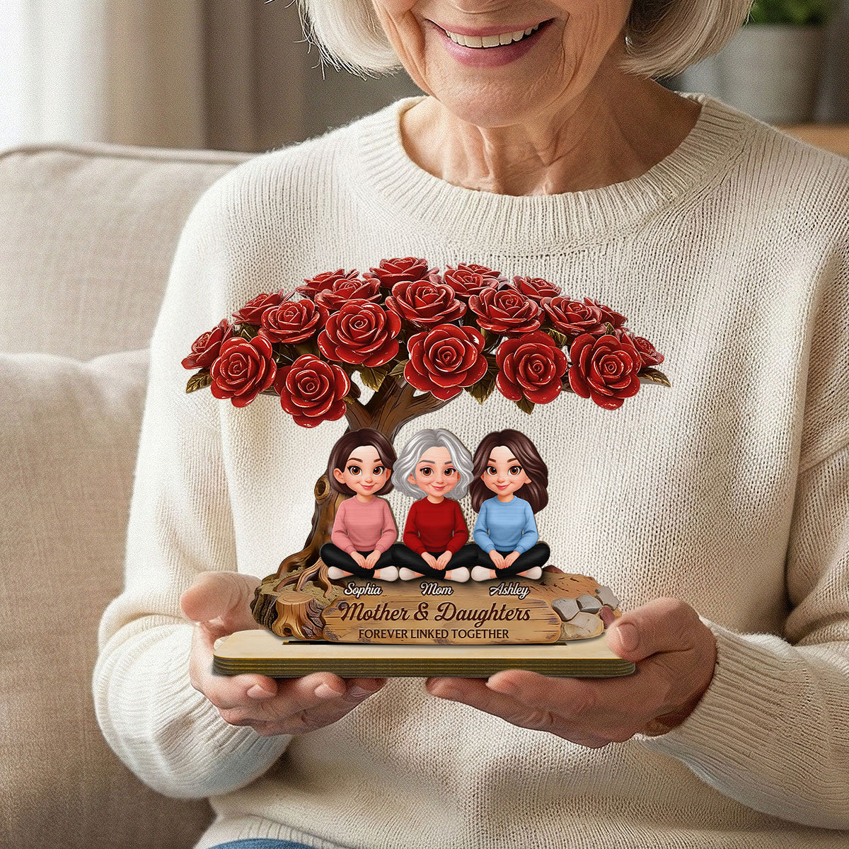 Vintage Rose Tree Mom And Daughter Son - Personalized 2-Layered Wooden Plaque - Gift For Mom