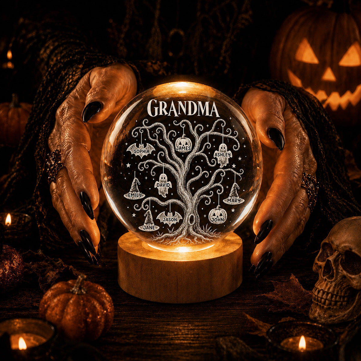 Halloween Tree With Kids Names - Personalized Crystal Ball Night Light - Halloween Gift For Grandma