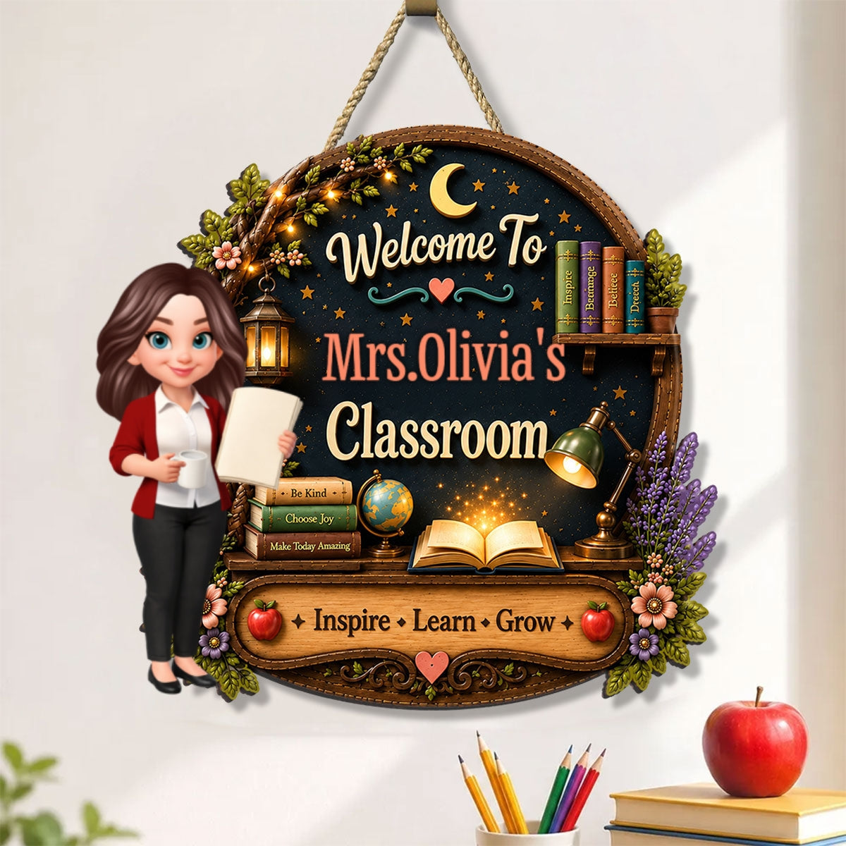Inspire Grow Learn Fantasy Teacher - Personalized Wood Sign - Back To School Gift For Teacher, Classroom Decor