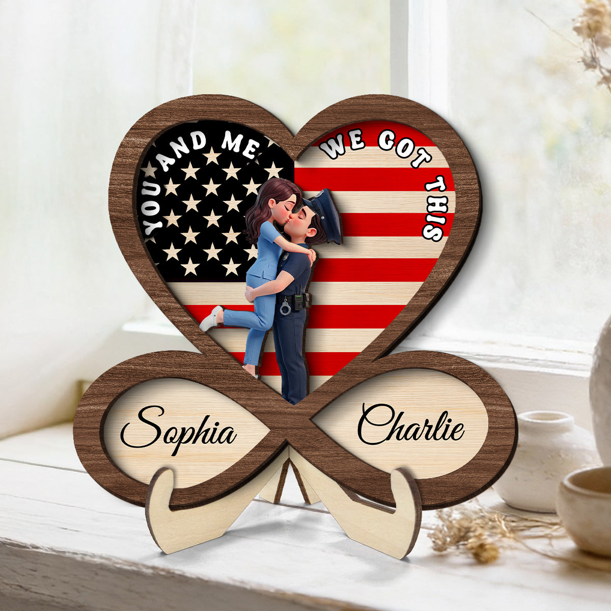 Proud Hero Couple Infinity Nation Flag Heart - Personalized 2-Layered Wooden Plaque - Valentine's Day Gift For Couple, For Him, For Her, Nurse, Police, Firefighter, Army