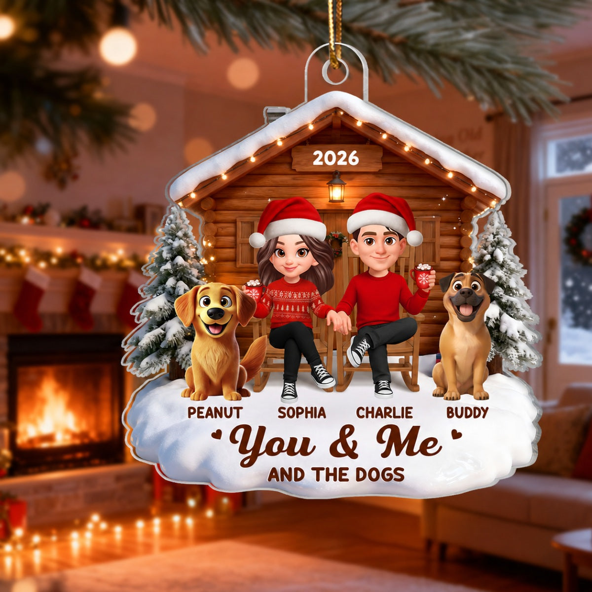 3D Effect Christmas Couple And Dog Cat Wooden Cabin - Personalized Acrylic Ornament - Heartfelt Gift For Couple