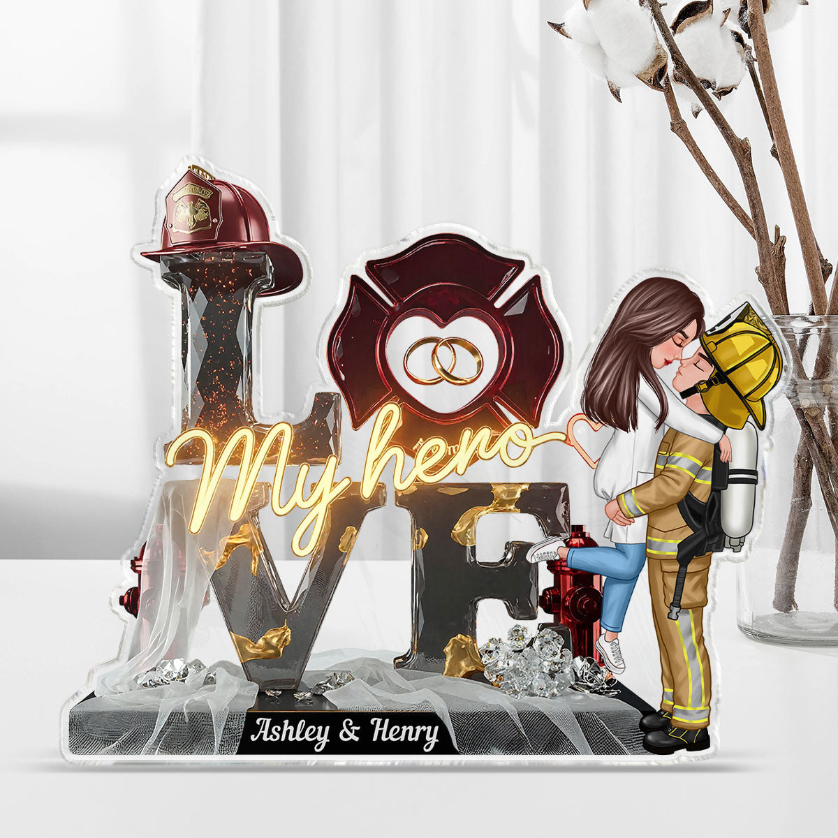 My Hero Firefighter Couple - Personalized Acrylic Block Plaque - Valentine's Day For Him, For Her