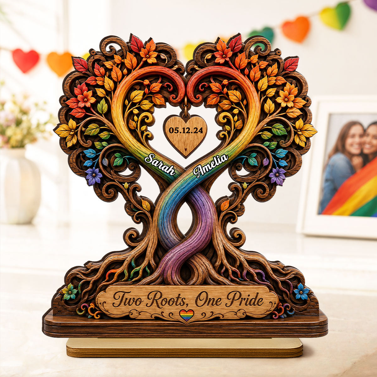 Two Roots One Pride LGBTQ+ Couple - Personalized 2-Layered Wooden Plaque - Heartfelt Anniversary Gift for Her, for Him