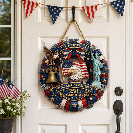 1776-2026 Eagle Liberty Bell Wreath 2D Printed - Personalized Door Hanger - United States 250th Anniversary USA Patriotic Home Decor
