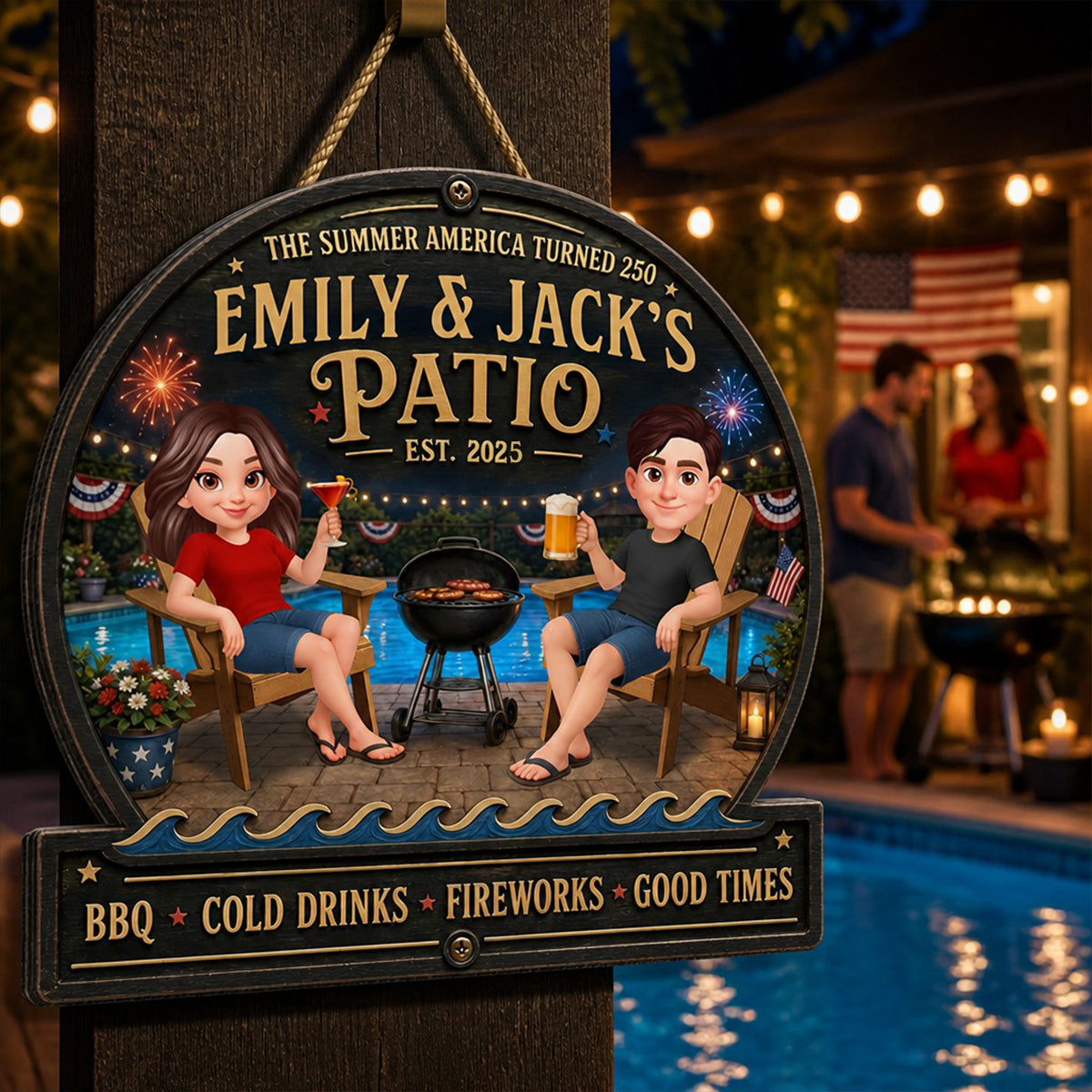The Summer America Turns 250 Couple Pool & Patio - Personalized Wooden Sign - Summer Decor Gift for Her, for Him
