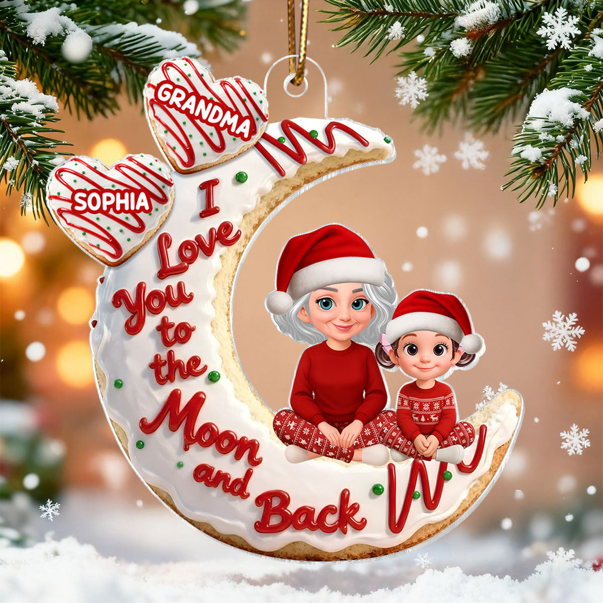 3D Effect Christmas Tree Cake Moon Grandma Grandkid Love You To The Moon And Back - Personalized Acrylic Ornament - Christmas Gift For All Grandkids