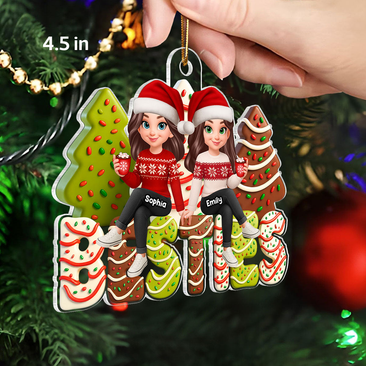 3D Effect Christmas Tree Cake Besties - Personalized Acrylic Ornament - Gift For Best Friends
