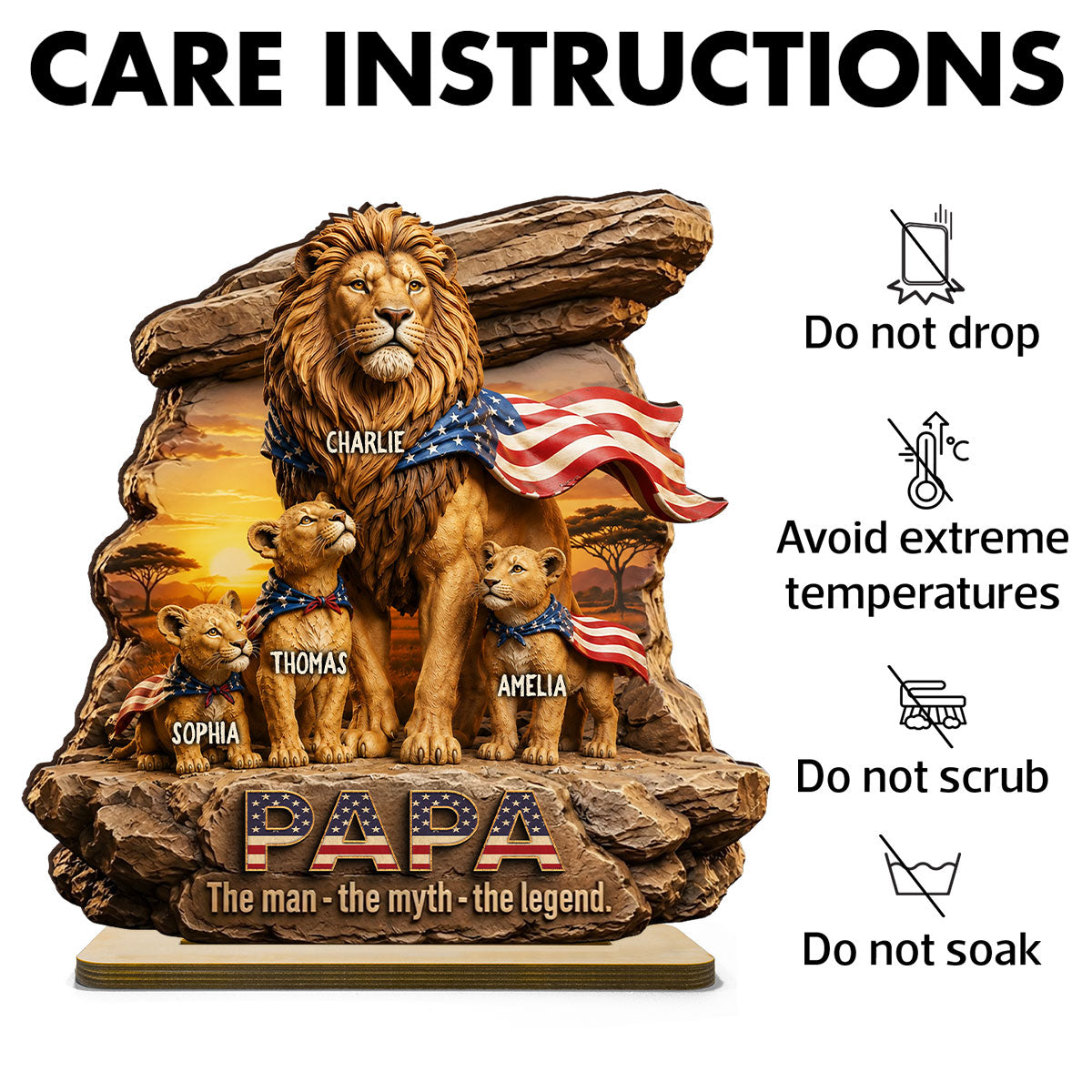 Lion Dad Papa the Legend - Personalized 2-Layered Wooden Plaque -  Gift for Dad, Husband