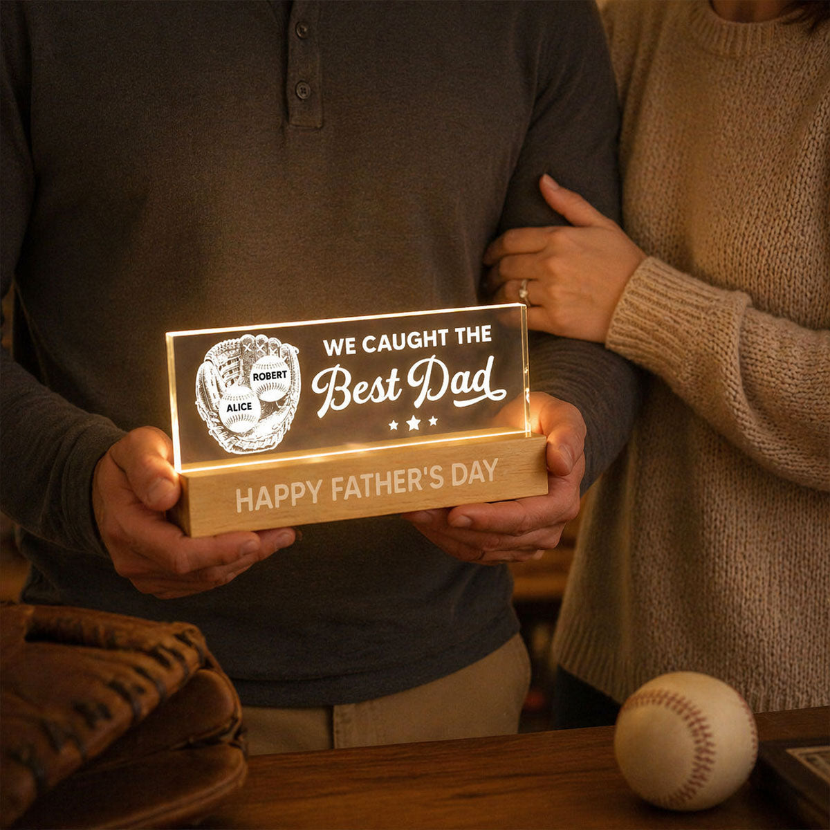 Baseball In Baseball Glove We Caught The Best Dad - Personalized Acrylic Block LED Night Light - Father's Day Gift For Baseball Dad