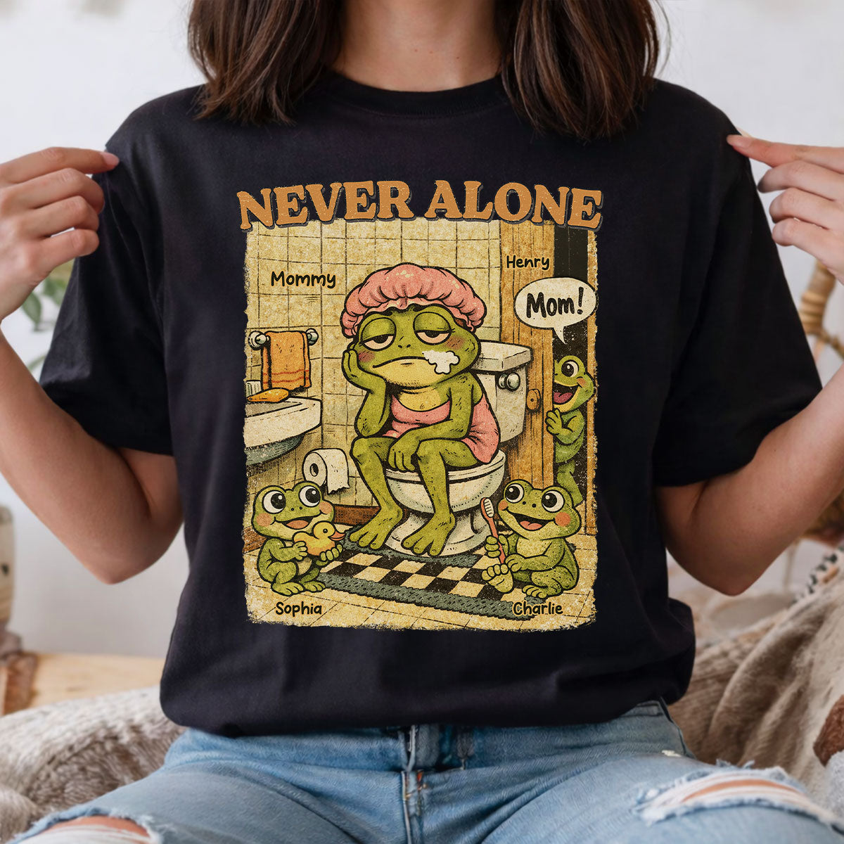 Retro Frog Mom Never Alone - Personalized Shirt - Funny Mother's Day Gift For Mom, Overstimulated, Humor, Snarky Motherhood