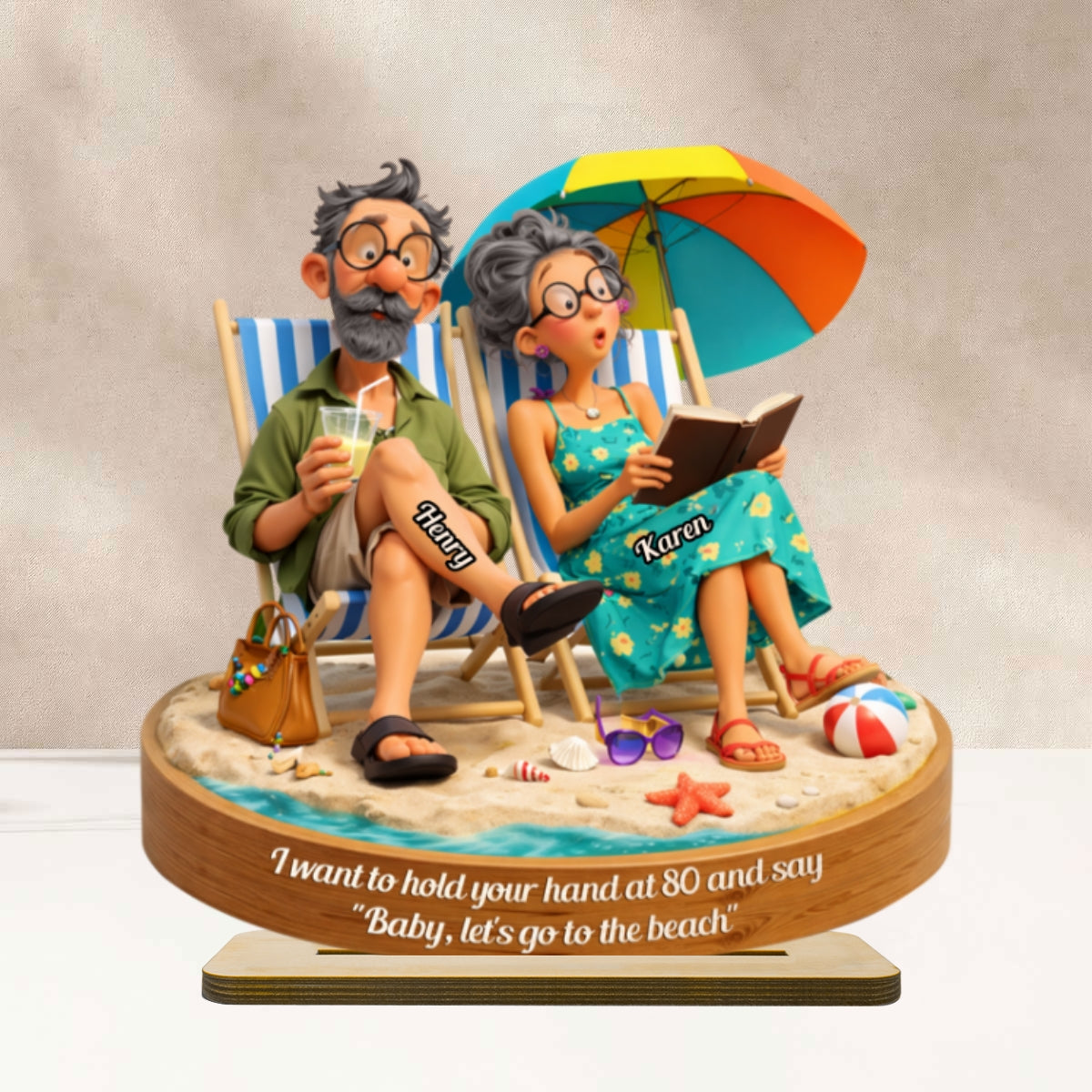 Quirky Elderly Couple On The Beach - Personalized 2-Layered Wooden Plaque - Heartfelt Anniversary, Valentine's Day Gift, Gift For Him, Gift For Her
