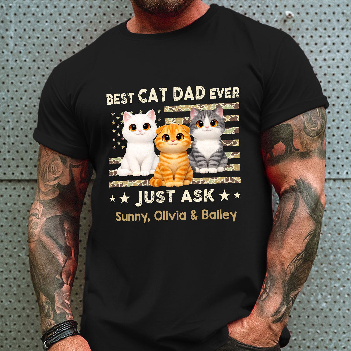 Best Cat Dad Ever Trendy Camouflage Pattern Nation Flag  - Personalized Shirt - Father's Day Gift For Cat Dad, Cat Lovers
