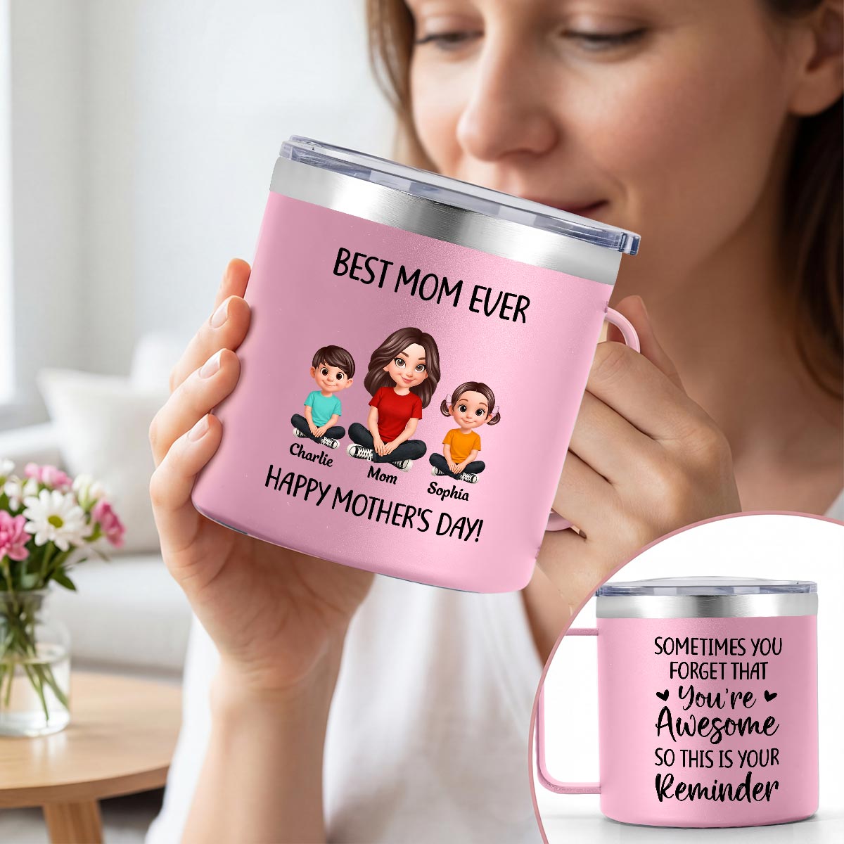 Sometimes You Forget That You're Awesome Mom - Personalized Stainless Steel Tumbler with Handle - Mother's Day Gift For Mom Grandma
