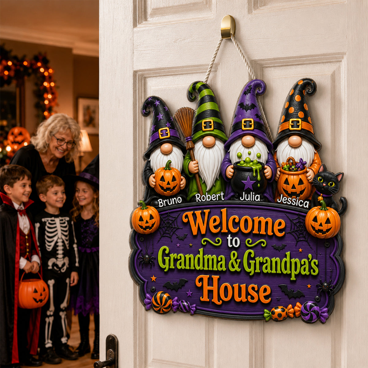 Halloween Gnome Welcome To Grandma Grandpa House - Personalized Door Sign - Halloween Decor Gift, Gift For Grandma, Grandpa
