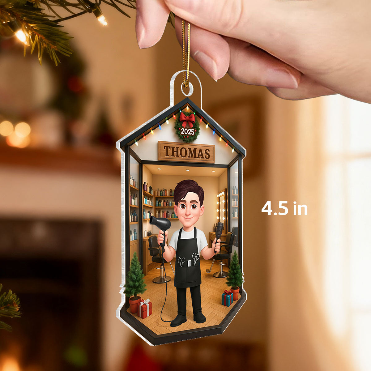 3D Effect Christmas Hair Salon Hairdresser Man Woman - Personalized Acrylic Ornament - Gift For Hairdressers