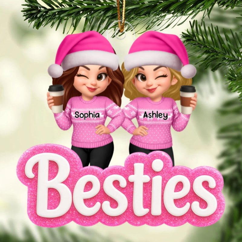 Pink Besties Sisters 3D Glitter Effect - Personalized Acrylic Ornament - Christmas Gift for Best Friends, for Sisters