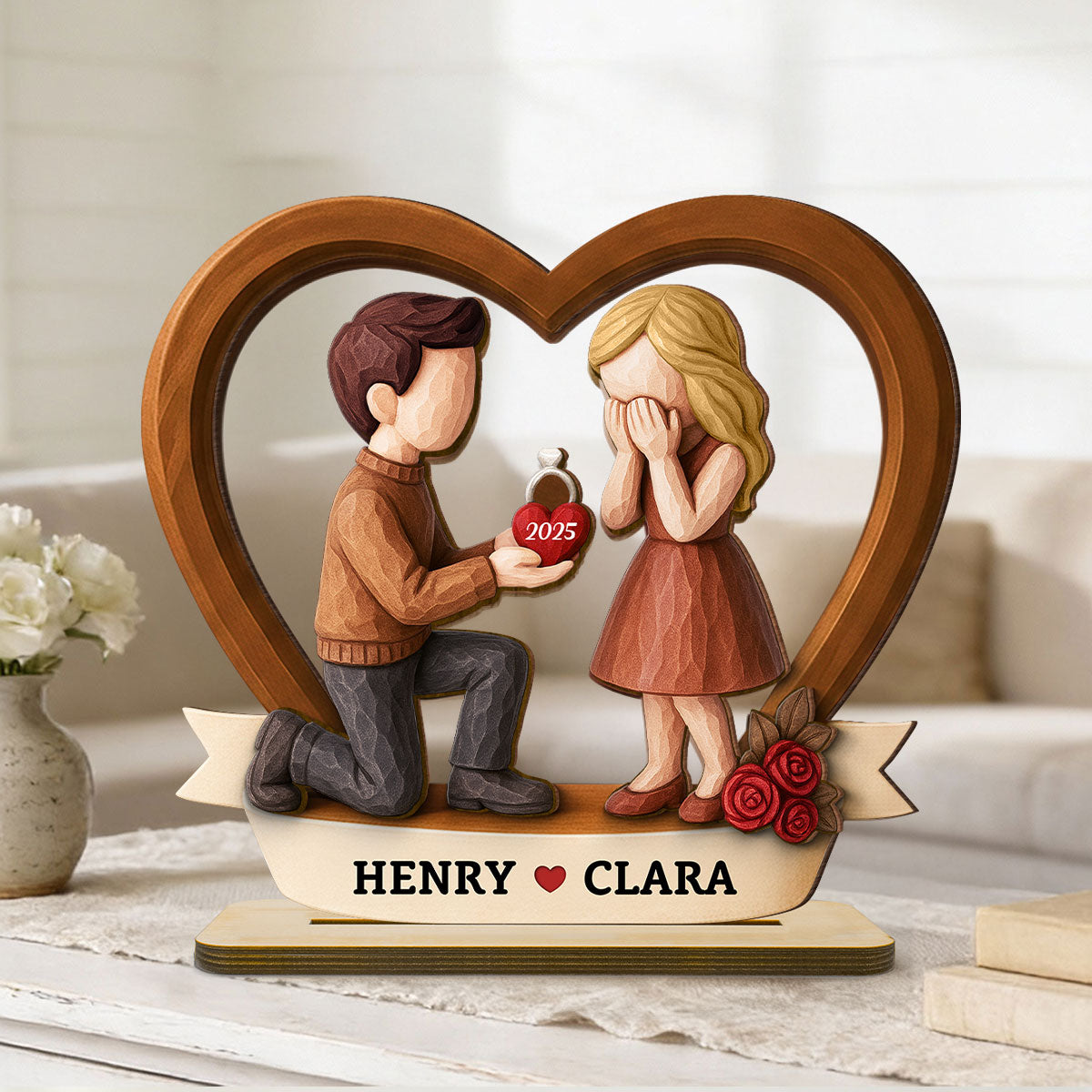 Couple Marriage Proposal 3D Wooden Effect - Personalized Wooden Plaque - Newly Engaged Gift, "She Said Yes!"