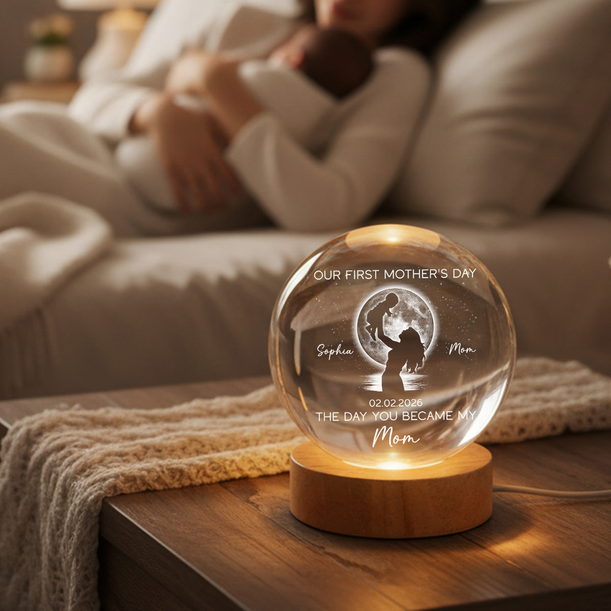 Custom Moon Phase First Mother's Day The Day You Became My Mom - Personalized Crystal Ball LED Night Light - First Mother's Day Gift For New Mom