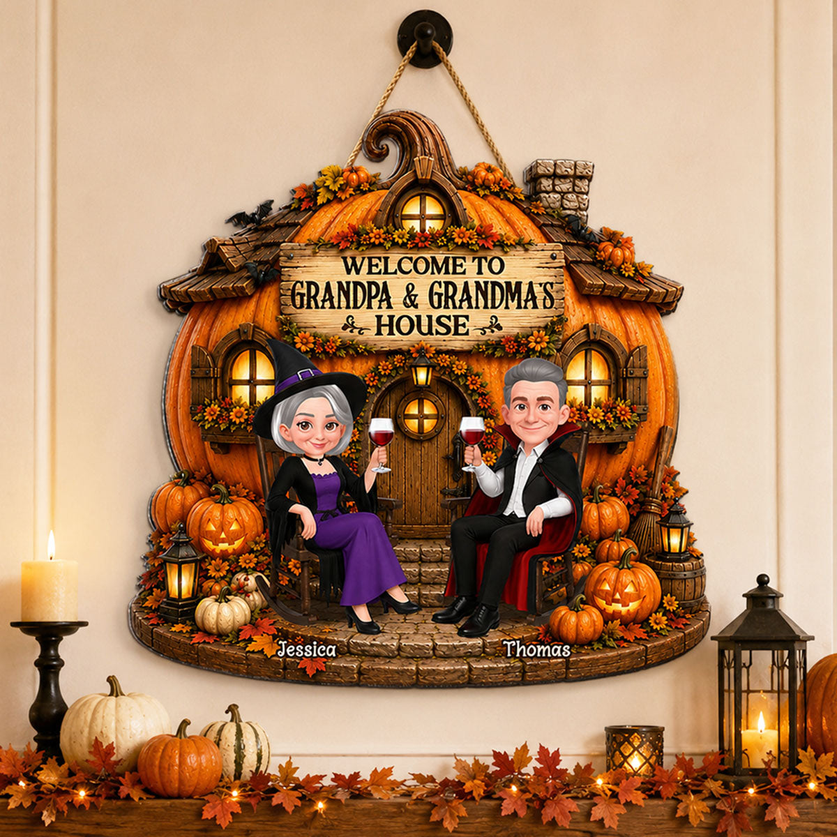 Whimsical Halloween Pumpkin Welcome To Grandma Grandpa House - Personalized Wood Sign - Halloween Decoration For Grandparents