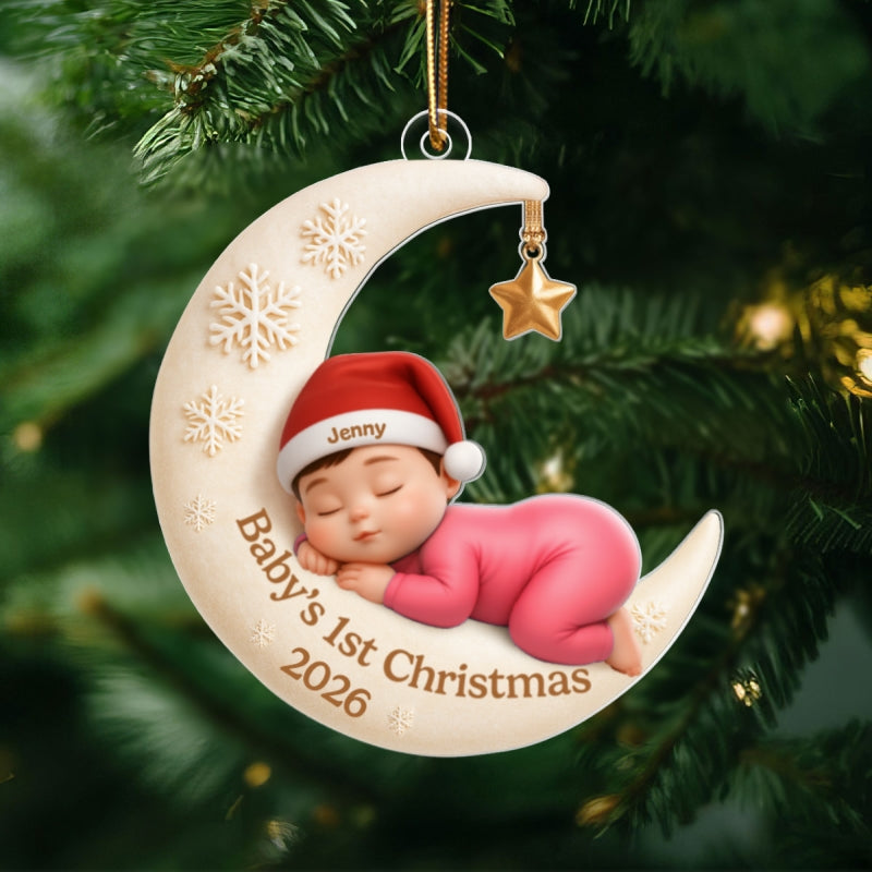 Baby Sleeping on Moon - Personalized Acrylic Ornament - Baby's First Christmas Keepsake, Gift for Grandkids, Baby, Newborn