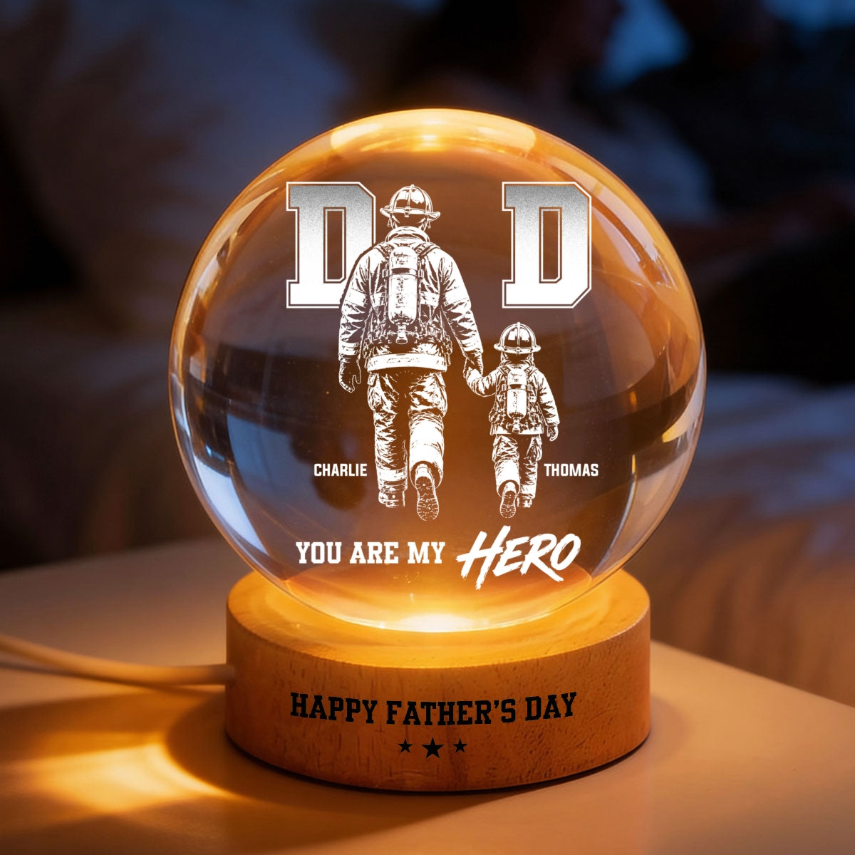Proud Firefighter Dad You Are Our Hero - Personalized Crystal Ball LED Night Light -  Gift For Dad, Husband