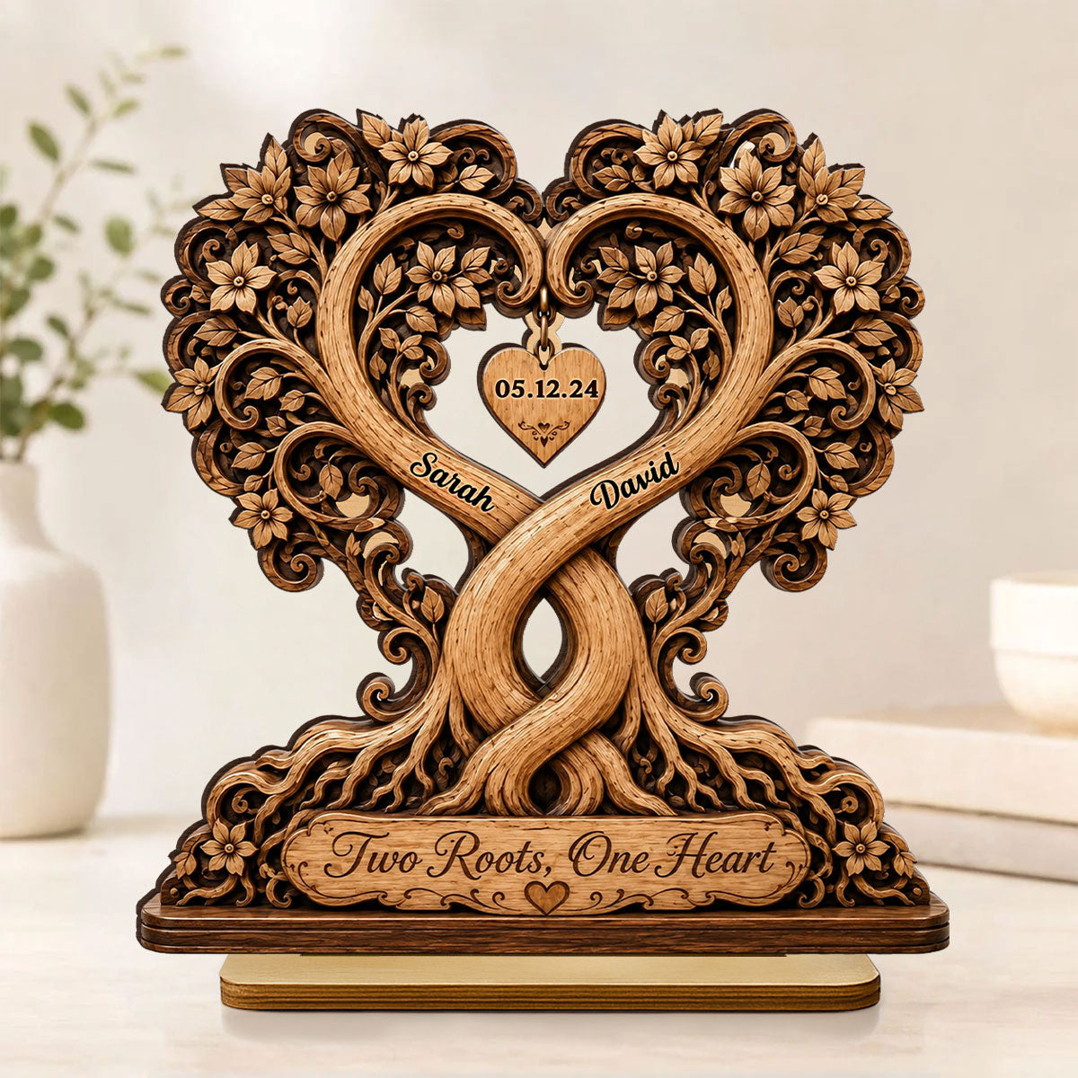Two Roots One Heart Couple - Personalized 2-Layered Wooden Plaque - Heartfelt Anniversary Gift for Her, for Him
