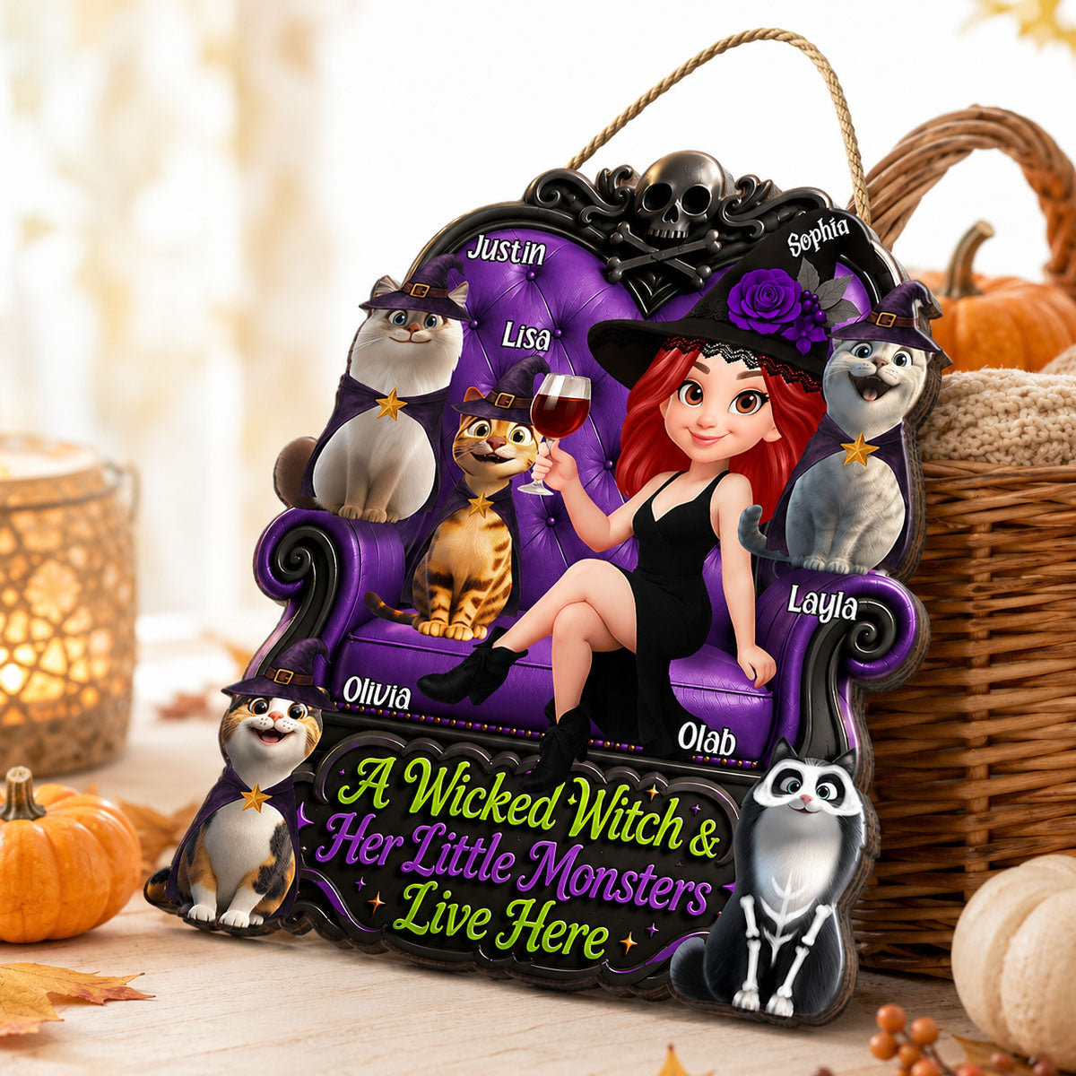 A Wicked Witch and Her Little Monsters Live Here - Personalized Wooden Door Sign - Halloween Decor for Cat Moms