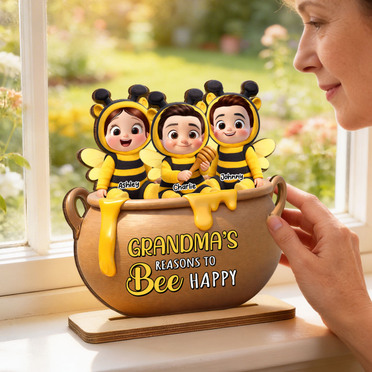 Grandma's Reasons to Bee Happy - Personalized 2-Layered Wooden Plaque - Heartfelt Mother's Day Gift for Grandma