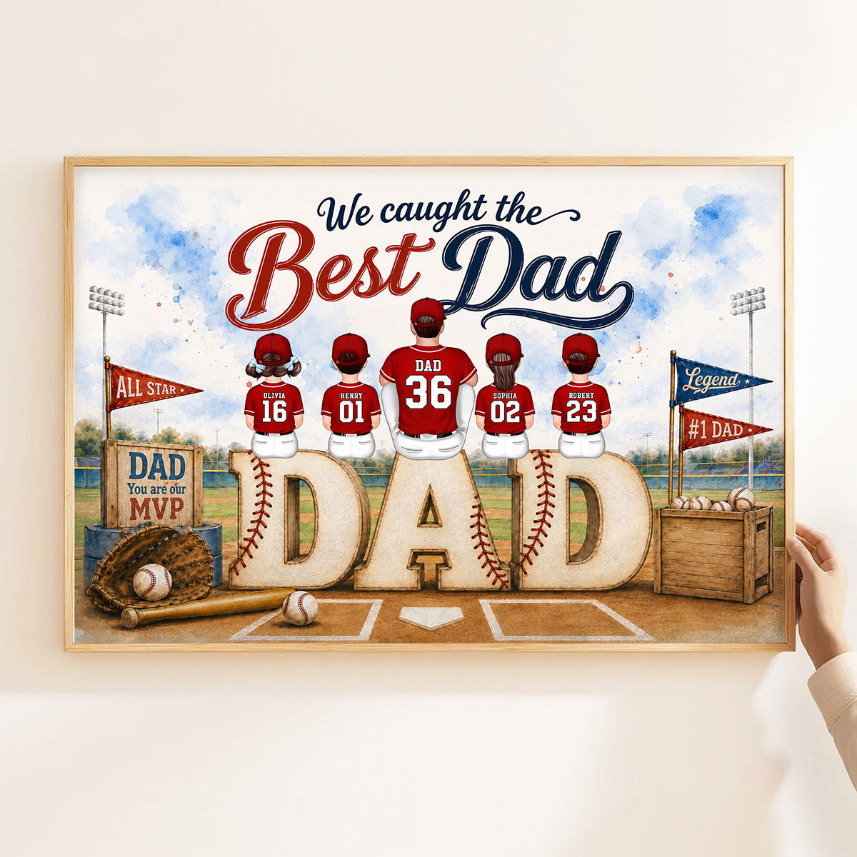 Watercolor Style Baseball Family Daddy's Dream Team - Personalized Poster - Father's Day Gift For Dad, Husband