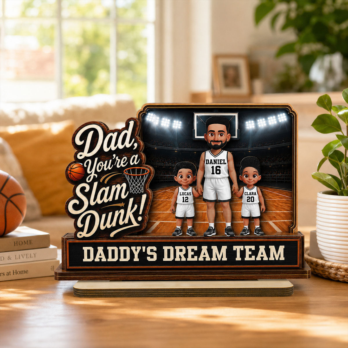 Dad You Are A Slam Dunk Basketball Man & Kids 2D Flat - Personalized 2-Layered Wooden Plaque -  Gift For Basketball Dad