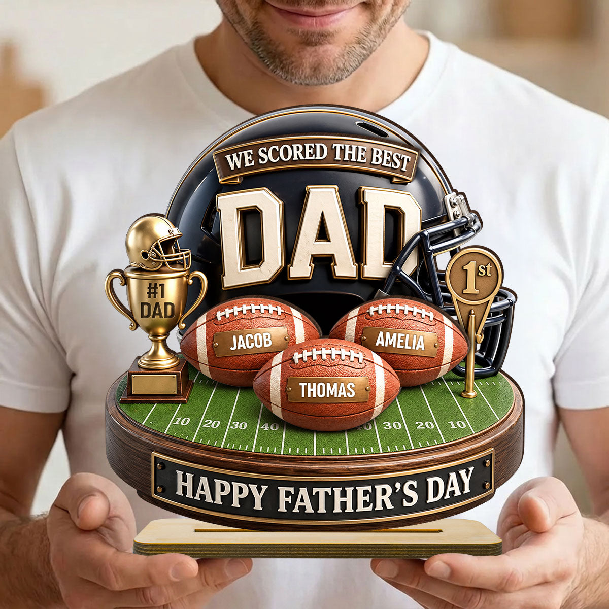 We Scored The Best Dad American Football Trophy - Personalized 2-Layered Wooden Plaque - Heartfelt Gift For Football Dad, Gift For Husband