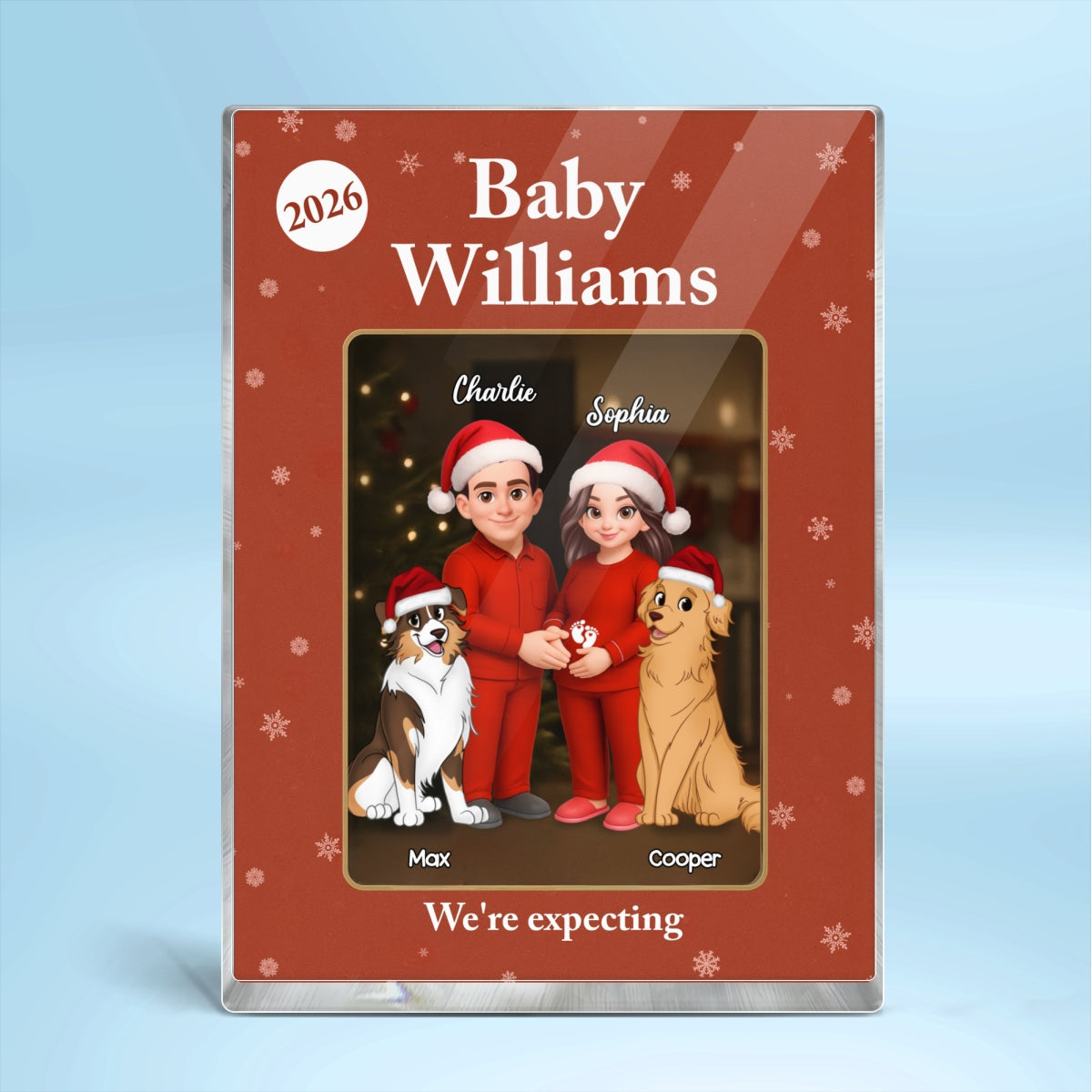 Expecting Parents Christmas Pregnancy Baby Arriving With Dogs Cats Custom Figure Style - Personalized Acrylic Block Plaque