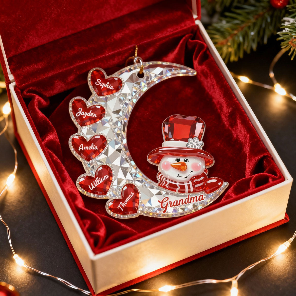 3D Effect Flat Snowman Grandma On Moon Grandkids Hearts Names - Personalized Acrylic Ornament - Gift For Grandma, Grandkids