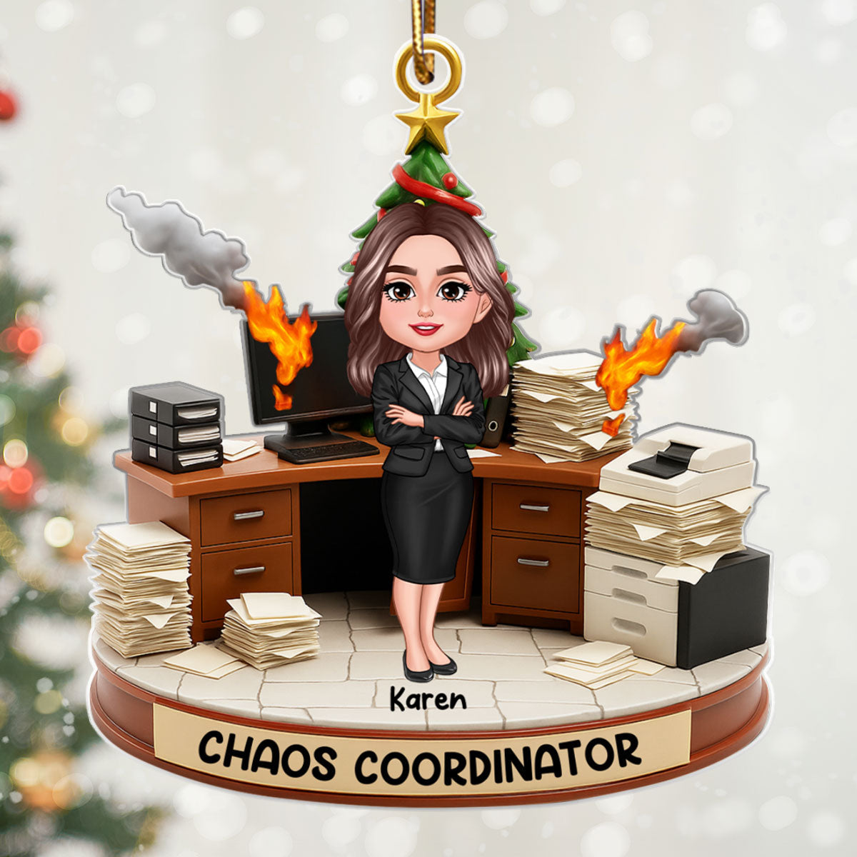Office Chaos Coordinator - Personalized Acrylic Ornament - Funny Christmas Coworker Gift, White Elephant, Secret Santa Gift