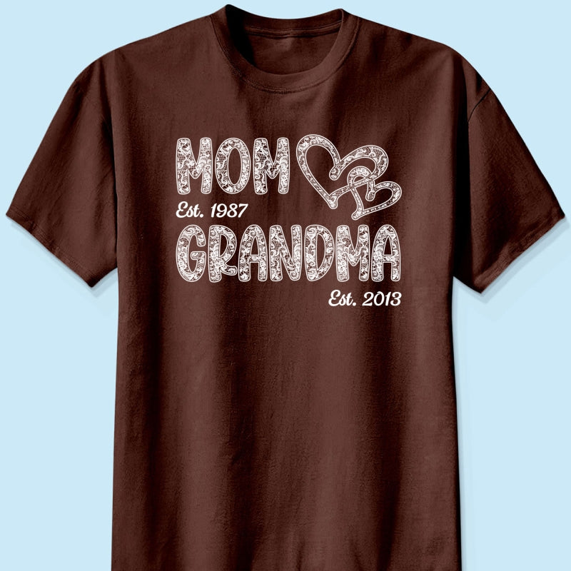 Mom Grandma Lace Pattern Est Year - Personalized Shirt - Gift For Grandma, Mom